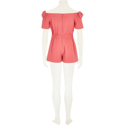 Girls coral bow bardot playsuit